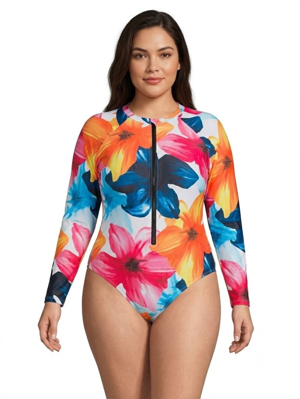 Womens Plus 1XL Rash Guard Swimsuit Long Sleeve Floral One Piece Bathing Suit
